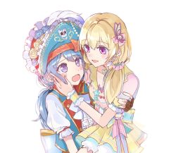 Rule 34 | 2girls, :d, :o, @ @, absurdres, bang dream!, blonde hair, blue hair, blue hat, blush, center frills, couple, eye contact, feathers, female focus, frills, hair ornament, hair ribbon, hand up, happy, hat, hat feather, highres, kyudoli, light blue hair, long hair, looking at another, matsubara kanon, multiple girls, open mouth, pirate, pirate hat, purple eyes, ribbon, shirasagi chisato, simple background, smile, wavy mouth, white background, white feathers, yuri