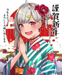 Rule 34 | 1girl, :d, absurdres, ahoge, bamboo, black choker, blush, choker, commentary request, egasumi, fang, flower, food-themed hair ornament, green nails, grey hair, hair bun, hair flower, hair ornament, hands up, hayama marin, highres, japanese clothes, kimono, lime hair ornament, long sleeves, looking at viewer, mole, mole under eye, nail polish, new year, nijisanji, obi, okutomi fumi, one side up, open mouth, own hands together, palms together, red eyes, red flower, sash, short eyebrows, side bun, single hair bun, single side bun, smile, solo, striped clothes, striped kimono, thick eyebrows, translation request, upper body, vertical-striped clothes, vertical-striped kimono, virtual youtuber, white background, wide sleeves