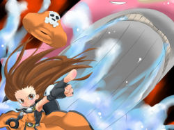Rule 34 | 1girl, anchor, arc system works, brown eyes, brown hair, fingerless gloves, gloves, guilty gear, hat, unworn hat, unworn headwear, long hair, may (guilty gear), pirate hat, pointing, pointing forward, poncocchan, skull and crossbones, solo, whale, wind, wind lift