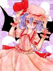 Rule 34 | 1girl, bad id, bad pixiv id, dress, faux traditional media, female focus, hair between eyes, hands on own head, hat, light purple hair, looking at viewer, mob cap, nana shibata (tamjaopa), parted lips, pink dress, puffy short sleeves, puffy sleeves, red eyes, remilia scarlet, short hair, short sleeves, slit pupils, smile, solo, touhou, wrist cuffs