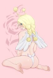 Rule 34 | 1girl, angel wings, ass, blonde hair, conis (one piece), feet, from behind, highres, looking at viewer, looking back, medium hair, one piece, panties, pink background, sitting, skypiea, solo, source request, tareme, topless, underwear, v-shaped eyebrows, wariza, white panties, wings