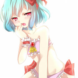 Rule 34 | 1girl, bare shoulders, bikini, blue hair, blush, bow, female focus, frilled bikini, frilled swimsuit, frills, hair bow, hand to own mouth, lowres, open mouth, pink bikini, red eyes, remilia scarlet, short hair, simple background, solo, swimsuit, tori no karaage, touhou, wrist cuffs