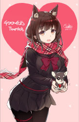 Rule 34 | 1girl, animal, animal ears, back, black serafuku, black shirt, black skirt, blush, bow, bowtie, breasts, brown eyes, brown hair, chihuahua, commentary request, dated, dog, dog ears, heart, holding, holding animal, holding dog, looking at viewer, medium breasts, open mouth, original, pantyhose, plaid, plaid scarf, pleated skirt, purple bow, purple bowtie, red scarf, sanbasou, scarf, school uniform, serafuku, shirt, signature, skirt, solo, teeth, translation request, upper teeth only, valentine