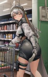 Rule 34 | 1girl, absurdres, arknights, ass, black skirt, blush, breasts, cable, commentary, fartooth (arknights), feet out of frame, grey hair, headgear, highres, holding, holding phone, indoors, long hair, long sleeves, miniskirt, nose blush, pencil skirt, phone, pouch, shirt, shopping cart, sitting, skirt, small breasts, smile, solo, thigh strap, thighs, vambraces, very long hair, welt (kinsei koutenkyoku), white shirt, yellow eyes