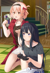 Rule 34 | 2girls, apron, black hair, black hairband, black shirt, blonde hair, breasts, clenched hands, closed mouth, controller, hair ribbon, hairband, hands up, highres, holding, holding controller, indoors, inoue takina, long hair, looking ahead, lycoris recoil, mosta (lo1777789), multiple girls, nishikigi chisato, open mouth, playing games, purple eyes, red eyes, red ribbon, red shirt, ribbon, shirt, shirt tucked in, short hair, short shorts, short sleeves, shorts, stairs, straight hair, tatami, thighs, video game, white apron, white shorts