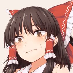 Rule 34 | 1girl, bare shoulders, black hair, blush, bow, brown eyes, commentary request, frilled shirt collar, frills, grey background, hair bow, hair tubes, hakurei reimu, long hair, looking at viewer, miyo (ranthath), portrait, red bow, sidelocks, simple background, solo, sweat, touhou