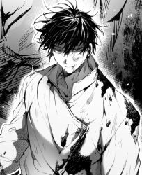 Rule 34 | 1boy, blood, blood on clothes, closed mouth, collarbone, cropped, floating hair, greyscale, hair between eyes, hatching (texture), highres, jujutsu kaisen, male focus, monochrome, okkotsu yuuta, orimoto rika, scratches, shunnyun, smile, solo, upper body