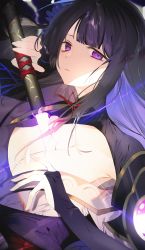 Rule 34 | 1girl, armor, banned artist, breasts, bridal gauntlets, cleavage, closed mouth, commentary request, flower, genshin impact, hair ornament, highres, holding, holding sword, holding weapon, human scabbard, japanese clothes, kimono, large breasts, leo (feeling goooood), long hair, looking at viewer, purple eyes, purple flower, purple hair, raiden shogun, ribbon, shoulder armor, simple background, solo, sword, weapon