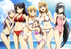 Rule 34 | 00s, 6+girls, :d, :o, absurdres, ahoge, amisaki ryouko, arcueid brunestud, artoria pendragon (fate), bandeau, bare shoulders, bikini, black hair, blonde hair, blue eyes, blush, breast envy, breasts, caren hortensia, carnival phantasm, casual one-piece swimsuit, child, cleavage, cloud, company connection, crossover, fate/stay night, fate (series), green eyes, hairband, halterneck, highres, illyasviel von einzbern, long hair, looking at breasts, megami magazine, multiple girls, navel, ocean, official art, one-piece swimsuit, open mouth, pout, red eyes, saber (fate), short hair, side-tie bikini bottom, silver hair, sky, smile, swimsuit, tohno akiha, tohsaka rin, tsukihime, twintails, type-moon, very long hair, water, yellow eyes