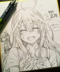 Rule 34 | 2girls, ahoge, art tools in frame, character name, closed eyes, collared shirt, commentary request, dated, dress shirt, food, go-toubun no hanayome, graphite (medium), hair between eyes, hair ornament, highres, holding, holding food, hoshi san 3, long hair, mechanical pencil, monochrome, multiple girls, nakano itsuki, nakano nino, open mouth, partially translated, pencil, shikishi, shirt, short hair, short sleeves, siblings, sidelocks, sisters, star (symbol), star hair ornament, sweatdrop, teeth, traditional media, translation request, twins, upper body, upper teeth only