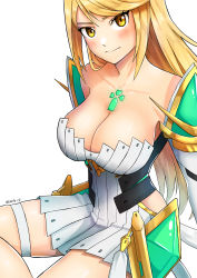 Rule 34 | 1girl, absurdres, bare legs, bare shoulders, blonde hair, breasts, chest jewel, cleavage, dress, earrings, elbow gloves, gloves, highres, jewelry, large breasts, long hair, mythra (xenoblade), short dress, simple background, solo, swept bangs, thigh strap, tiara, very long hair, white background, white dress, white gloves, xenoblade chronicles (series), xenoblade chronicles 2, yellow eyes, you nf
