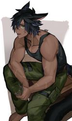 Rule 34 | 1boy, animal ears, warrior of light (ff14), bare arms, bare shoulders, barefoot, black hair, black tank top, cargo pants, cat ears, cat tail, collarbone, commentary request, cross scar, cup, dark-skinned male, dark skin, dated, drinking glass, facial scar, fictional persona, final fantasy, final fantasy xiv, green eyes, green pants, hair between eyes, holding, holding cup, looking at viewer, male focus, miqo&#039;te, mn (zig r14), pants, pectorals, scar, scar on arm, scar on cheek, scar on face, scar on nose, short hair, sitting, sitting on object, solo, tail, tank top, toned, toned male