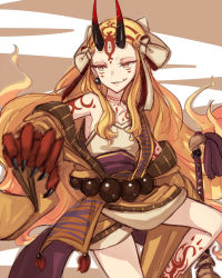 Rule 34 | 1girl, bare shoulders, blonde hair, breasts, earrings, fang, fate/grand order, fate (series), grin, hair ornament, horns, ibaraki douji (fate), japanese clothes, open mouth, sword, tattoo, very long hair, weapon, yellow eyes