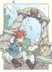Rule 34 | 1boy, 1girl, arch, baggy pants, bell, belt, bird, black shirt, blonde hair, blue tunic, blush, boots, border, breasts, brick floor, bridal gauntlets, chrono trigger, cloud, cloudy sky, couple, crono (chrono trigger), falling petals, flower, grass, grey pants, hand in own hair, headband, highres, jewelry, kneeling, looking up, marle (chrono trigger), maruno, medium breasts, medium hair, neckerchief, necklace, open mouth, orange neckerchief, pants, petals, pillar, pink flower, ponytail, red hair, sandals, shirt, sitting, sky, sleeveless, sleeveless shirt, spiked hair, strapless, strapless shirt, sweatdrop, swinging, t-shirt, tree, white headband, white pants, white shirt