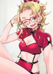 Rule 34 | 1girl, blonde hair, blue eyes, blush, bracelet, breasts, china dress, chinese clothes, cleavage, commentary request, dekomegane, dress, earrings, glasses, highres, jewelry, long hair, looking at viewer, mole, mole on breast, one eye closed, open mouth, original, red-framed eyewear, red dress, revealing clothes, sasetsu, selfie, shrug (clothing), small breasts, smile, solo, tassel, tassel earrings, thick eyebrows
