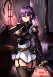 Rule 34 | 1girl, ankoku broccoli, black thighhighs, blood, breasts, brown eyes, garter straps, lace, lace-trimmed legwear, lace trim, looking at viewer, medium breasts, open window, purple hair, short hair, skirt, solo, standing, sword, thighhighs, thighs, weapon, window