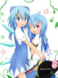 Rule 34 | 2girls, :p, ;d, ahoge, blue eyes, blue hair, blush, bow, cirno, english text, fairy, food, fruit, hair bow, hat, unworn hat, unworn headwear, hinanawi tenshi, ice, ice wings, leaf, long hair, mizune (winter), multiple girls, one eye closed, open mouth, peach, red eyes, short hair, short sleeves, smile, tongue, tongue out, touhou, very long hair, wings