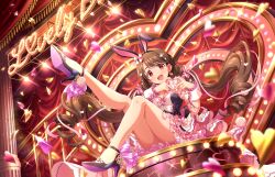 Rule 34 | 1girl, animal ears, bare legs, black hairband, blurry, blurry foreground, bow, breasts, brown eyes, corset, drill hair, english text, fake animal ears, falling petals, frilled skirt, frills, full body, game cg, hair bow, hairband, hands up, heart, heart hands, high heels, idolmaster, idolmaster cinderella girls, idolmaster cinderella girls starlight stage, indoors, knee up, knees together feet apart, leg up, legs, long hair, looking at viewer, medium breasts, nontraditional playboy bunny, official alternate hairstyle, official art, open mouth, parted bangs, petals, pink bow, pink skirt, purple footwear, shimamura uzuki, sitting, skirt, sleeve cuffs, solo, stage, stage lights, strappy heels, swept bangs, twin drills, very long hair