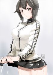 Rule 34 | 1girl, black hair, black skirt, blush, breasts, gradient background, grey background, grey eyes, hair between eyes, hayasui (kancolle), jacket, kantai collection, kimura shiki, large breasts, long sleeves, looking at viewer, miniskirt, open mouth, pleated skirt, short hair, skirt, solo, track jacket, wet, wet clothes, wet hair, wet jacket, wet skirt, white jacket, zipper