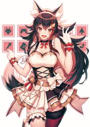 Rule 34 | 1girl, absurdres, animal ear fluff, animal ears, black hair, breasts, bridal garter, choker, cleavage, collarbone, commentary, fangs, gloves, hair between eyes, highres, hololive, idol, large breasts, leg up, long hair, looking at viewer, mazel (mazel star), multicolored hair, neck ribbon, official alternate costume, ookami mio, open mouth, orange eyes, red ribbon, ribbon, sidelocks, single thighhigh, skirt, sleeveless, smile, solo, standing, standing on one leg, streaked hair, symbol-only commentary, tail, tail wrap, thighhighs, virtual youtuber, white gloves, wolf ears, wolf tail