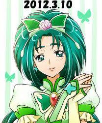 Rule 34 | 00s, 10s, 1girl, 2012, akimoto komachi, brooch, butterfly hair ornament, cure mint, dated, earrings, eyelashes, flower, green eyes, green hair, hair ornament, hairpin, jewelry, kagami chihiro, long hair, magical girl, matching hair/eyes, pink rose, precure, rose, smile, solo, white background, yes! precure 5, yes! precure 5 gogo!