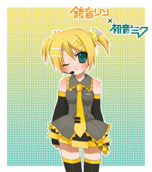 Rule 34 | 1girl, bad id, bad pixiv id, blush, detached sleeves, hair ornament, hairpin, hatsune miku, headset, if they mated, kagamine rin, necktie, one eye closed, satou (sugar), short twintails, solo, thighhighs, twintails, vocaloid, wink