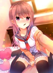 Rule 34 | 1girl, black thighhighs, blush, cardigan, commentary request, food, long hair, long sleeves, looking at viewer, mouth hold, neckerchief, open cardigan, open clothes, original, pink eyes, pink hair, pleated skirt, pocky, pocky kiss, pov, reaching, reaching towards viewer, school uniform, selfie, serafuku, shared food, sitting, skirt, sleeves past wrists, solo, thighhighs, wariza, yadapot