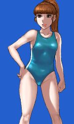 Rule 34 | 1girl, blue background, brown eyes, brown hair, lips, lowres, matoyama, oekaki, one-piece swimsuit, ponytail, single vertical stripe, solo, swimsuit