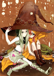 Rule 34 | 2girls, bad id, bad pixiv id, bag, bandaid, belt, black eyes, boots, chachie, cross-laced footwear, green hair, hair over one eye, hat, hood, hugging own legs, long hair, midriff, multiple girls, original, red hair, scarf, sitting, skirt, thigh boots, thighhighs, witch hat