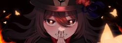 Rule 34 | 1girl, ameyume7234, brown hair, genshin impact, hat, highres, hu tao (genshin impact), looking at viewer, nail polish, own hands together, porkpie hat, red eyes, smile, solo, star-shaped pupils, star (symbol), symbol-shaped pupils, twintails