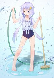 Rule 34 | 1girl, barefoot, blue eyes, broom, cleaning brush, crescent, crescent hair ornament, full body, hair ornament, highres, hose, kantai collection, name tag, new school swimsuit, one eye closed, purple hair, school swimsuit, see-through, shiira kan, shirt, short hair, short hair with long locks, solo, standing, standing on liquid, swimsuit, swimsuit under clothes, water, wet, wet clothes, wet shirt, yayoi (kancolle)