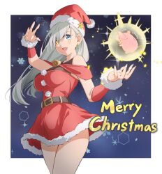 1girl bare_shoulders blue_eyes border breasts cowboy_shot detached_sleeves dress earrings elizabeth_liones fur-trimmed_dress fur-trimmed_sleeves fur_trim grey_hair hat hawk_(nanatsu_no_taizai) heterochromia highres jewelry large_breasts looking_at_viewer merry_christmas nanatsu_no_taizai open_mouth pig red_dress red_hat riria_kaiga santa_costume single_earring sleeveless sleeveless_dress snowflakes symbol-shaped_pupils white_border yellow_eyes