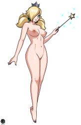 Rule 34 | 1girl, alternate hairstyle, artist name, barefoot, blonde hair, blue eyes, breasts, cleft of venus, collarbone, crown, earrings, feet, female pubic hair, full body, hair over one eye, highres, holding, holding wand, jewelry, large breasts, legs, lips, long hair, looking at viewer, mario (series), nail polish, navel, nintendo, nipples, nude, pubic hair, pussy, revtilian, rosalina, shiny skin, simple background, smile, solo, star (symbol), super mario bros. 1, super mario galaxy, toenail polish, toenails, toes, twintails, uncensored, wand, white background