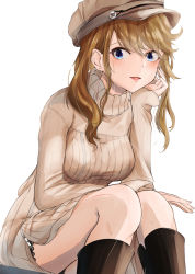 Rule 34 | 1girl, ahoge, black footwear, blue eyes, boots, breasts, brown hair, commentary request, earrings, hat, highres, idolmaster, idolmaster million live!, izuminnu, jewelry, long hair, looking at viewer, medium breasts, parted lips, simple background, sitting, solo, sweater, swept bangs, tokoro megumi, turtleneck, turtleneck sweater, white background