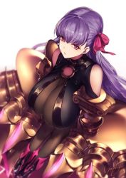 Rule 34 | 10s, 1girl, blurry, blurry background, bodysuit, breasts, claws, closed mouth, commentary request, depth of field, fate/extra, fate/extra ccc, fate (series), genyaky, huge breasts, long hair, looking at viewer, o-ring, passionlip (fate), pink eyes, purple hair, see-through, simple background, sitting, solo, very long hair, white background