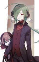 Rule 34 | 1boy, 1girl, :o, ahoge, animal ears, black bow, black eyes, black gloves, black hair, black jacket, black pants, border, bow, buttons, child, closed mouth, colored skin, crea flankenstein, demon boy, demon horns, envi (funamusea), expressionless, funamusea, gloves, goat ears, green hair, green pupils, grey background, hair over one eye, hiding, hiding behind another, highres, horns, irota, jacket, long hair, looking at viewer, low ponytail, multicolored hair, object on head, object through head, open clothes, open jacket, pants, pink hair, red eyes, red shirt, screw in head, shirt, short hair, solo focus, stitched face, stitches, streaked hair, white border, white skin, zombie