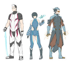 Rule 34 | 1girl, 2boys, bare shoulders, black hair, blue eyes, blue hair, boots, collar, electricity, evil grin, evil smile, exaxuxer, excalibur (warframe), floating, full body, glasses, grin, hair over one eye, highres, humanization, kunai, looking at viewer, mag (warframe), multicolored hair, multiple boys, parted lips, personification, side slit, simple background, smile, standing, teeth, two-tone hair, volt (warframe), warframe, weapon, white background, white hair