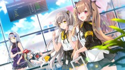 Rule 34 | 404 (girls&#039; frontline), 4girls, :d, aircraft, airplane, airport, armband, black bow, black hairband, black jacket, black skirt, blue sky, blurry, blurry foreground, blush, bow, breasts, brown eyes, brown hair, closed eyes, cloud, cloudy sky, commentary request, day, depth of field, dinergate (girls&#039; frontline), dress, dress shirt, dutch angle, english text, facial mark, g11 (girls&#039; frontline), girls&#039; frontline, green eyes, hair between eyes, hair bow, hair ornament, hair over one eye, hairband, hairclip, heart, highres, hk416 (girls&#039; frontline), holding, indoors, jacket, juna, long hair, long sleeves, looking at viewer, looking to the side, medium breasts, miniskirt, multiple girls, one side up, open clothes, open jacket, open mouth, pleated skirt, purple dress, purple eyes, scar, scar across eye, scar on face, shirt, short sleeves, siblings, sidelocks, silver hair, sisters, skirt, sky, sleeping, sleeves pushed up, smile, twins, twintails, ump45 (girls&#039; frontline), ump9 (girls&#039; frontline), very long hair, white shirt