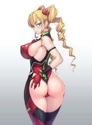 Rule 34 | 1girl, ass, ass grab, bare shoulders, blonde hair, blue eyes, blush, breasts, cameltoe, claire harvey, commentary request, covered erect nipples, drill hair, from behind, gloves, grabbing own ass, gradient background, hair between eyes, highleg, highleg leotard, huge ass, hundred (light novel), jewelry, large breasts, leotard, long hair, looking at viewer, looking back, red leotard, rindou (radical dream), shiny clothes, shiny skin, skin tight, solo, standing, twin drills, white background