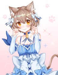 10s 1boy :3 animal_ears blue_dress blue_ribbon cat_boy cat_ears cat_tail collar detached_sleeves dress felix_argyle gradient_background highres light_brown_hair male_focus orange_eyes paw_pose paw_print re:zero_kara_hajimeru_isekai_seikatsu ribbon solo sparkle tail trap ubi_(ekdus6080)