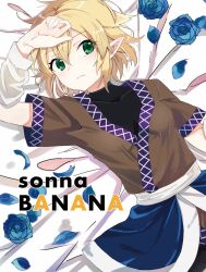 Rule 34 | 1girl, arm warmers, black shirt, blonde hair, blue flower, blue rose, blush, breasts, brown shirt, closed mouth, commentary request, cover, cover page, cowboy shot, doujin cover, expressionless, flower, green eyes, hair between eyes, long bangs, lying, mizuhashi parsee, on back, pointy ears, rose, sash, shirt, short hair, small breasts, solo, taiki (ozone), touhou, undershirt, white sash