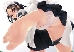 Rule 34 | 1girl, apron, ass, bare legs, barefoot, black dress, black hair, blue eyes, blush, bridal garter, dress, feet, foot focus, frills, from behind, from below, gradient background, groin tendon, highres, leg up, long hair, long sleeves, looking at viewer, looking back, maid, maid apron, maid headdress, murakami suigun, no shoes, non-web source, original, page number, panties, parted bangs, soles, solo, teeth, toes, tongue, underwear, upper teeth only, waist apron, white background, white panties