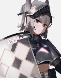 Rule 34 | 1girl, absurdres, animal ears, arknights, armor, ashlock (arknights), belt, belt pouch, black eyes, crop top, grey hair, highres, hinami047, looking at viewer, material growth, midriff peek, oripathy lesion (arknights), parted lips, pouch, shield, short hair, shoulder armor, simple background, solo, squirrel ears, upper body, visor (armor), white background