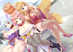 Rule 34 | 3girls, \m/, animal ears, architecture, black legwear, blonde hair, blue eyes, blunt bangs, blush, breasts, china dress, chinese clothes, cleavage, cleavage cutout, clothing cutout, commentary request, day, dress, east asian architecture, fox ears, fox shadow puppet, fox tail, garter straps, highres, large breasts, long hair, looking at viewer, miyano ururu, mole, mole on breast, multiple girls, no panties, open mouth, original, outdoors, pelvic curtain, sitting, smile, tail, thighhighs, thighs