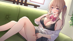 Rule 34 | 1girl, black bra, blush, bra, breasts, brown hair, chair, collarbone, commentary request, couch, fang, feet out of frame, finger to mouth, grey skirt, hair between eyes, hair ornament, highres, indoors, long hair, looking at viewer, medium breasts, original, pleated skirt, purple eyes, red neckwear, school uniform, seifukubu love, shirt, sitting, skin fang, skirt, smile, table, thighs, underwear, white shirt, window