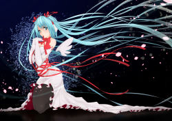 Rule 34 | 1girl, aqua eyes, aqua hair, black pantyhose, dress, earmuffs, elbow gloves, floating hair, gloves, hair ribbon, hatsune miku, kneeling, long hair, maru-pen, pantyhose, ribbon, solo, strapless, strapless dress, very long hair, vocaloid, white gloves