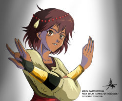 Rule 34 | 1girl, ajna (indivisible), armen mardirossian, armvm, artist name, beads, bracelet, bridal gauntlets, brown eyes, brown hair, collarbone, indivisible, jewelry, short hair, signature, solo