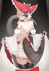 Rule 34 | 1girl, absurdres, aoria, back, black skirt, black thighhighs, blonde hair, blue eyes, bonnet, closed mouth, detached sleeves, dress, flower, from behind, highres, horns, looking at viewer, looking back, original, red headwear, short hair, skirt, solo, tail, thighhighs, white sleeves, wide sleeves, zettai ryouiki