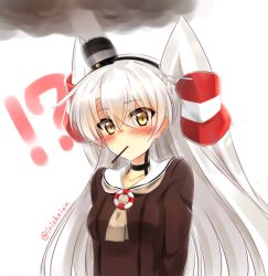 Rule 34 | !?, 1girl, amatsukaze (kancolle), black neckwear, blush, breasts, brown dress, choker, collarbone, commentary request, dress, food, food in mouth, hair between eyes, hair tubes, hat, head tilt, kantai collection, lifebuoy, long hair, looking at viewer, mini hat, mouth hold, murasame shia, pocky, pocky day, sailor dress, silver hair, simple background, small breasts, smoke, smokestack, solo, swim ring, two side up, very long hair, white background, yellow eyes