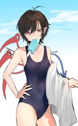 Rule 34 | 1girl, alternate costume, black hair, blue one-piece swimsuit, day, female focus, food, hand on own hip, highres, hot, houjuu nue, mogo (nonochi0120), mouth hold, one-piece swimsuit, outdoors, pointy ears, popsicle, red eyes, short hair, solo, sweat, swimsuit, thighs, touhou, towel, wings